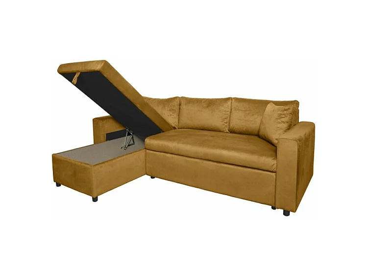 Canapé d'angle 3 places Maria réversible et convertible avec coffre en velours - Jaune ocre - L227 x P146 x H81cm - Loungitude