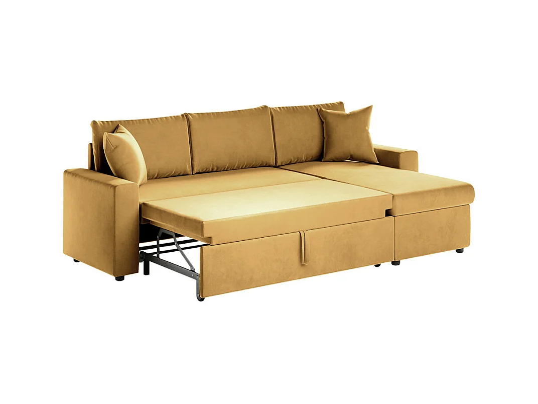Canapé d'angle 3 places Maria réversible et convertible avec coffre en velours - Jaune ocre - L227 x P146 x H81cm - Loungitude