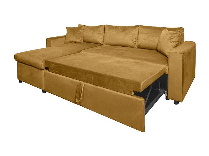 Canapé d'angle 3 places Maria réversible et convertible avec coffre en velours - Jaune ocre - L227 x P146 x H81cm - Loungitude