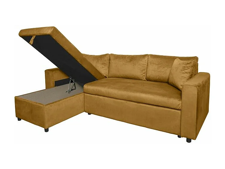 Canapé d'angle 3 places Maria réversible et convertible avec coffre en velours - Jaune ocre - L227 x P146 x H81cm - Loungitude