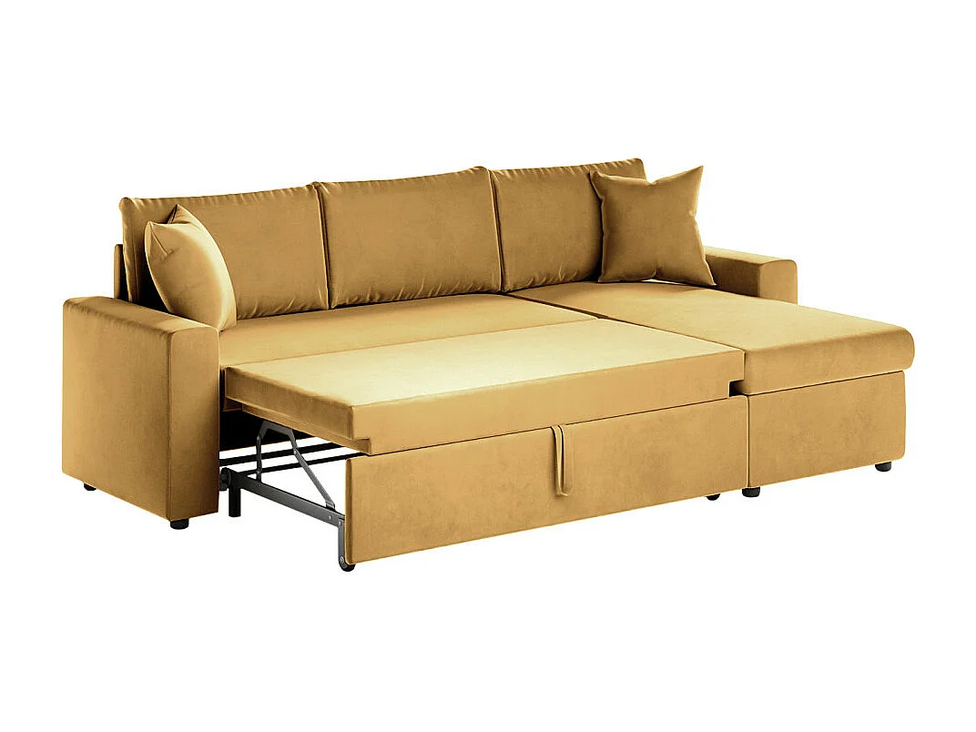 Canapé d'angle 3 places Maria réversible et convertible avec coffre en velours - Jaune ocre - L227 x P146 x H81cm - Loungitude