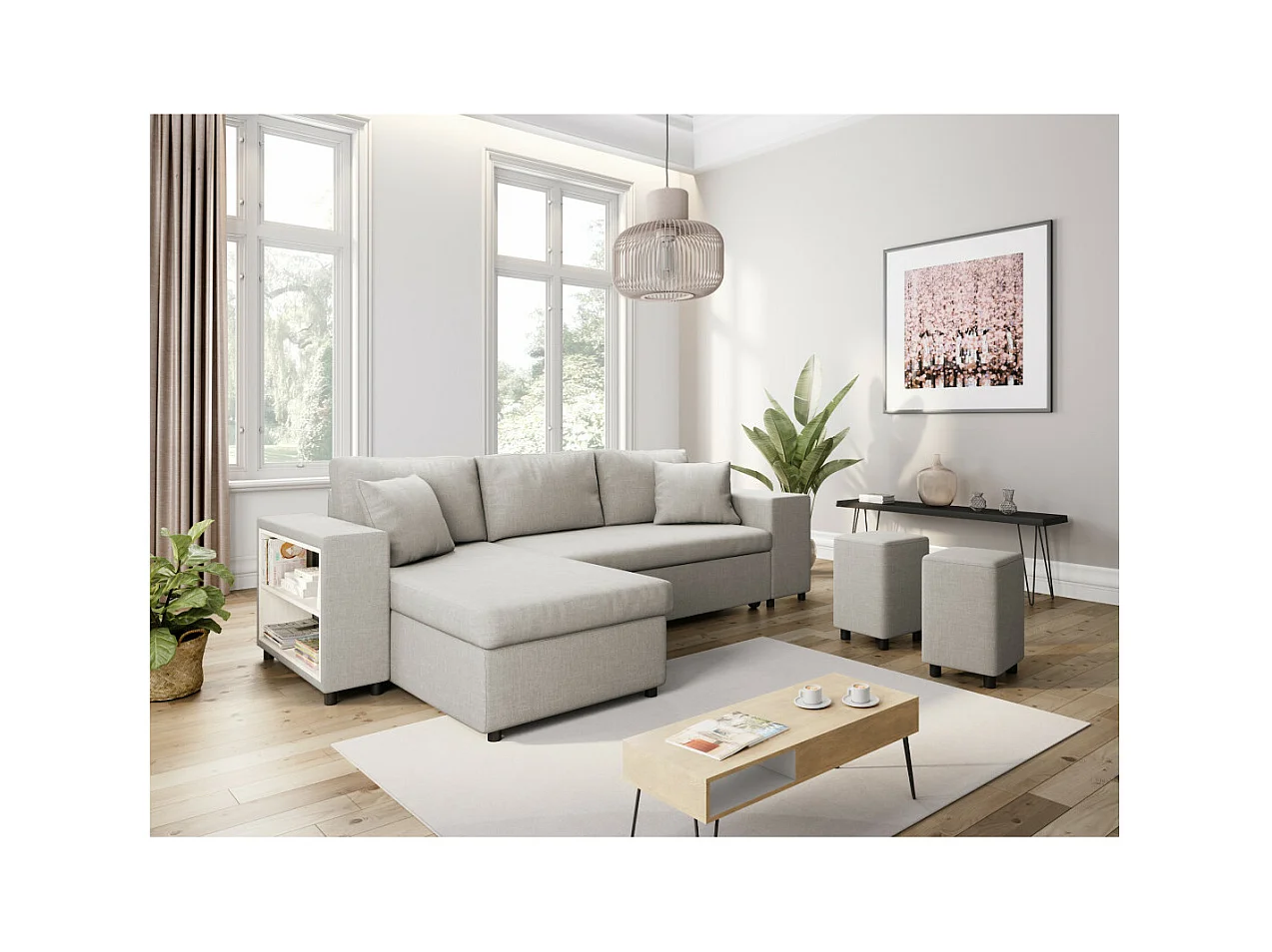 Canapé d'angle MADY convertible avec coffre, accoudoir étagère et poufs droit en tissu beige