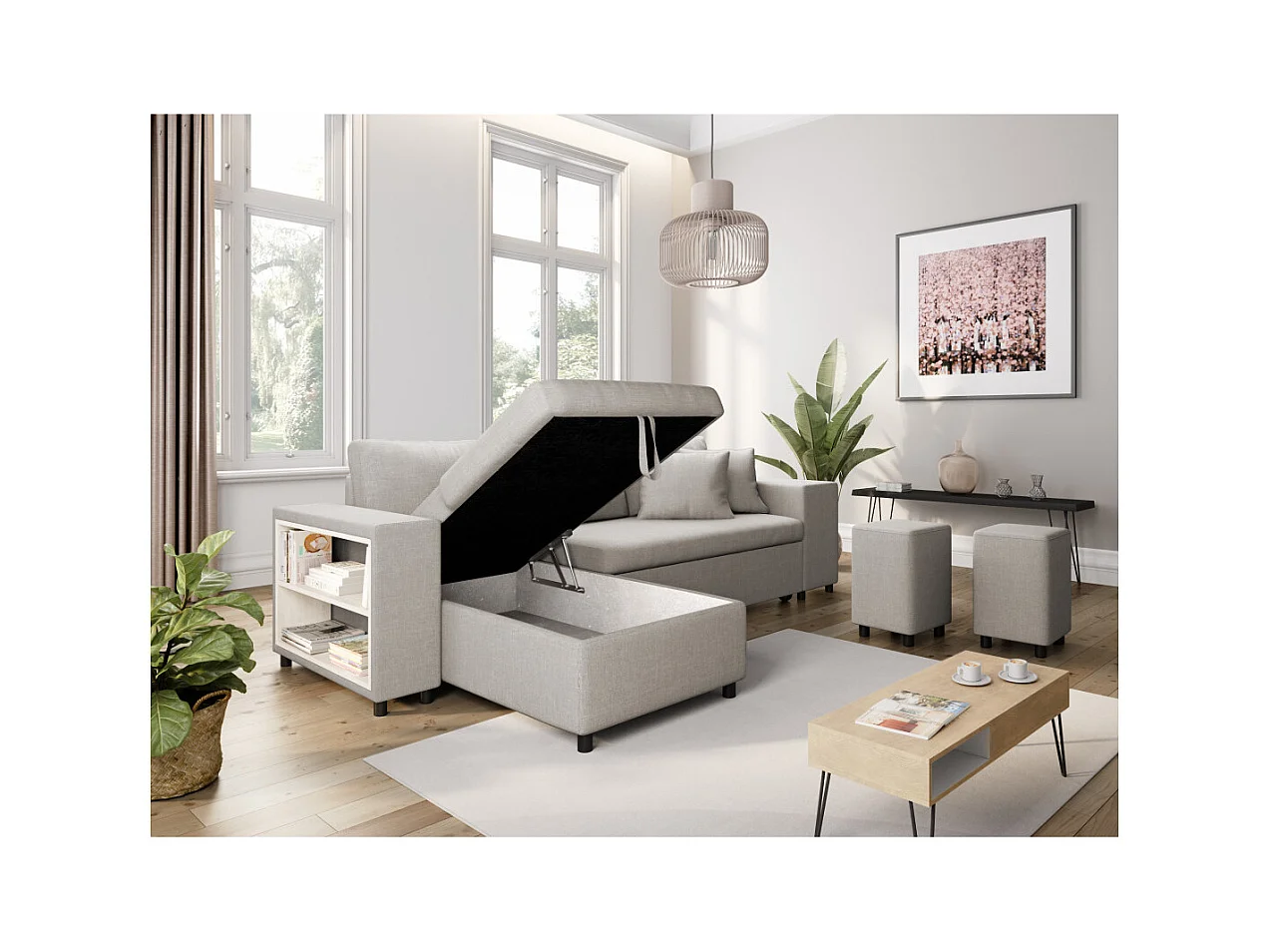 Canapé d'angle MADY convertible avec coffre, accoudoir étagère et poufs droit en tissu beige