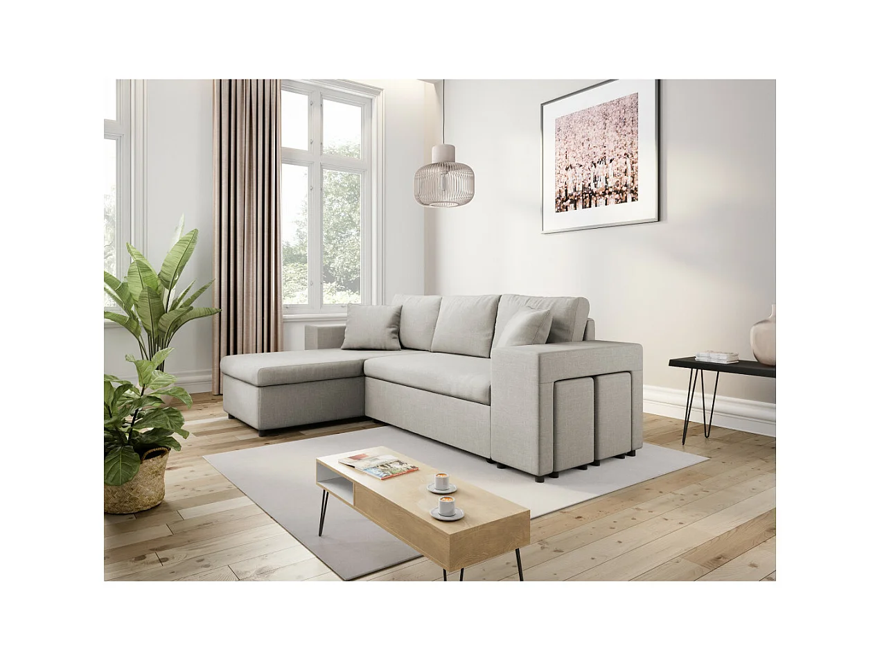 Canapé d'angle MADY convertible avec coffre, accoudoir étagère et poufs droit en tissu beige