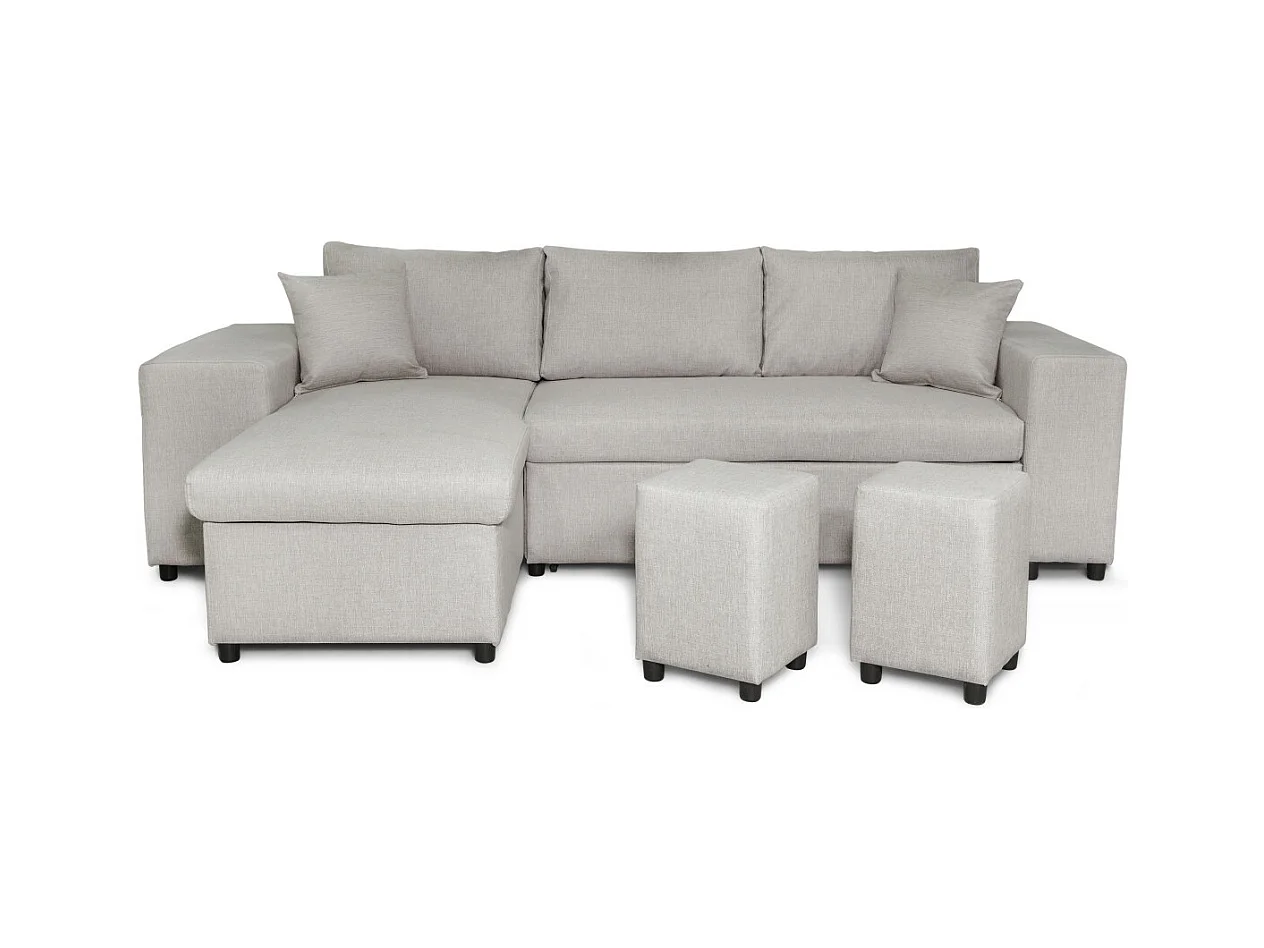 Canapé d'angle MADY convertible avec coffre, accoudoir étagère et poufs droit en tissu beige