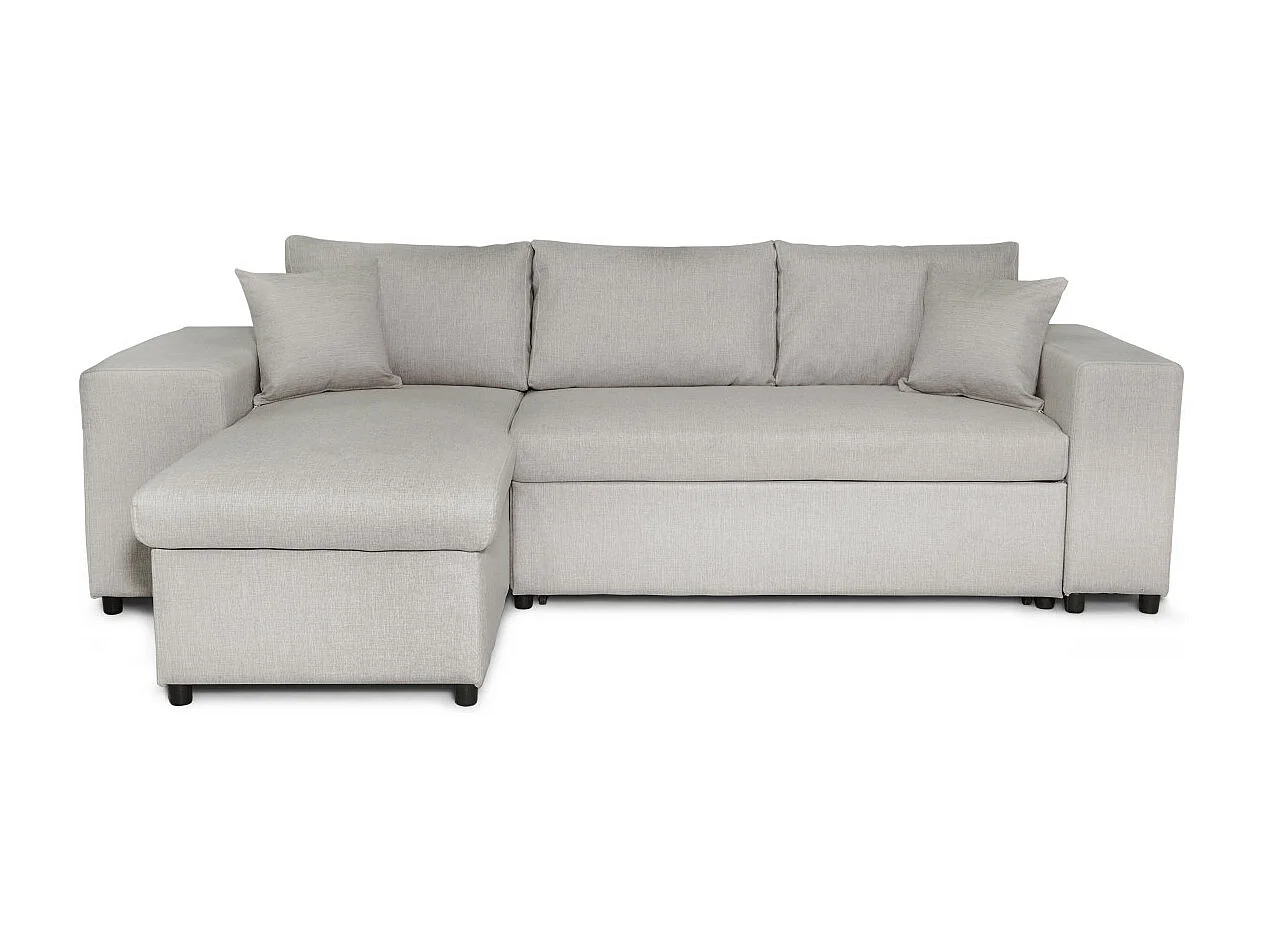 Canapé d'angle MADY convertible avec coffre, accoudoir étagère et poufs droit en tissu beige