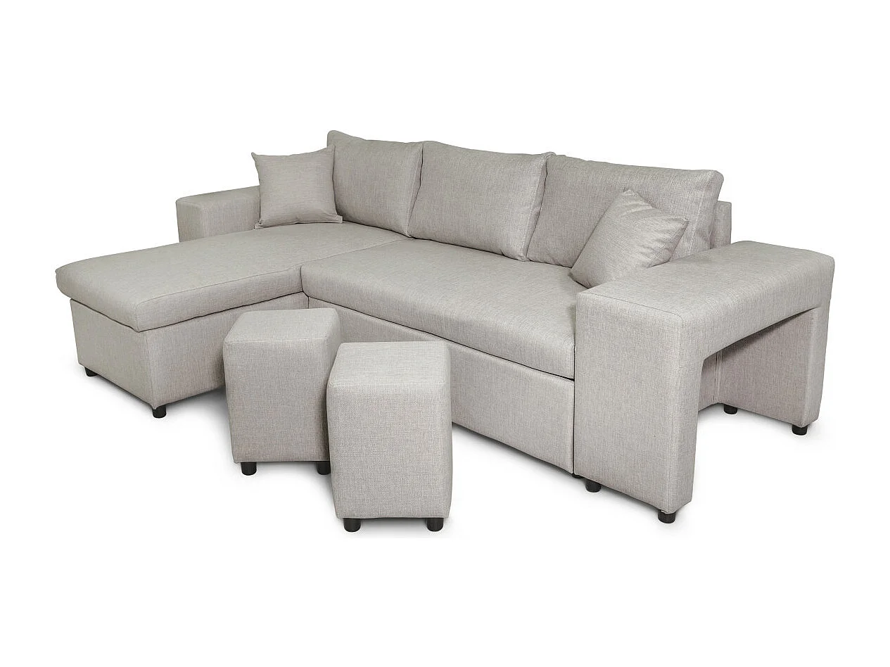 Canapé d'angle MADY convertible avec coffre, accoudoir étagère et poufs droit en tissu beige
