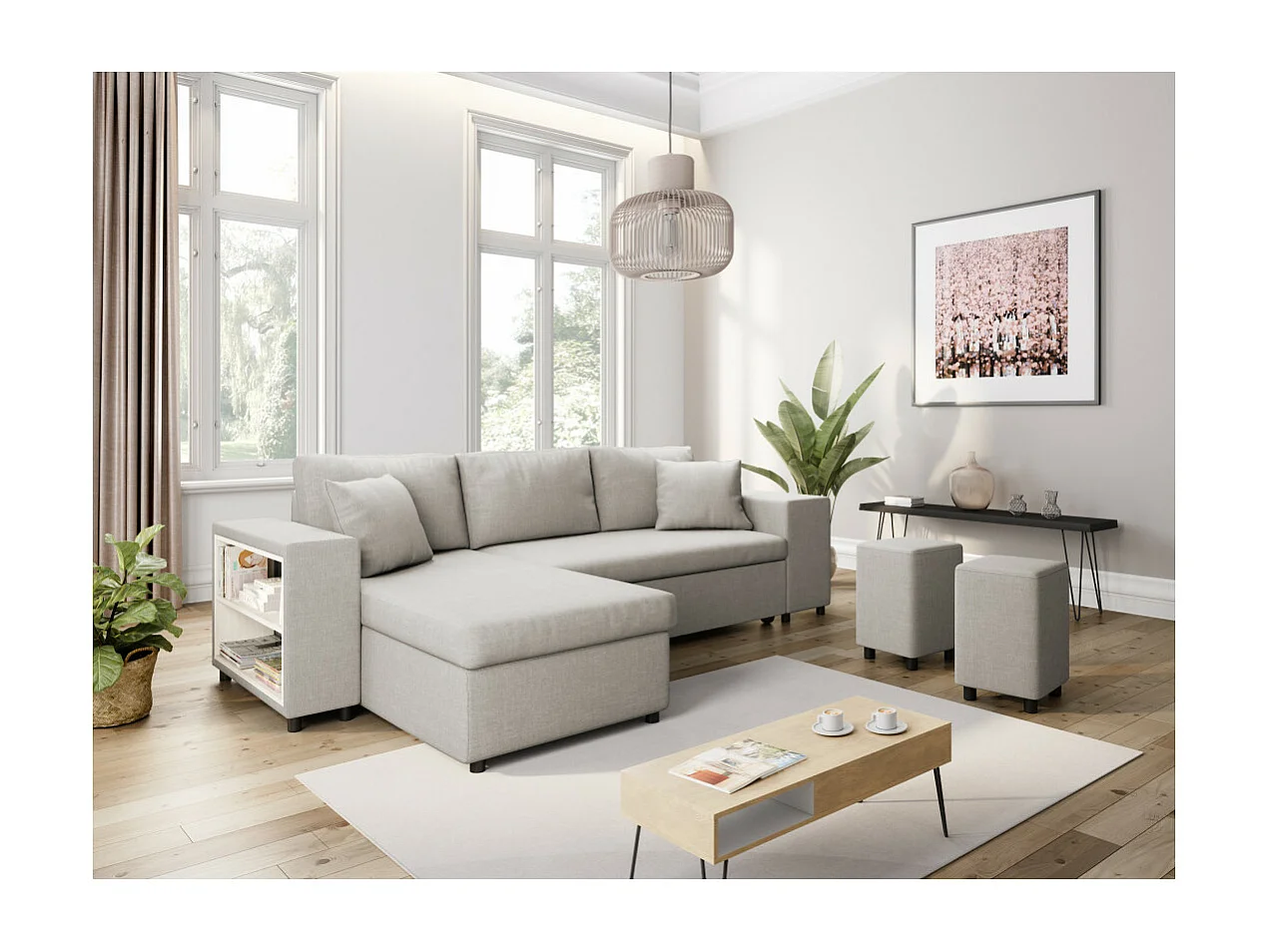 Canapé d'angle MADY convertible avec coffre, accoudoir étagère et poufs droit en tissu beige