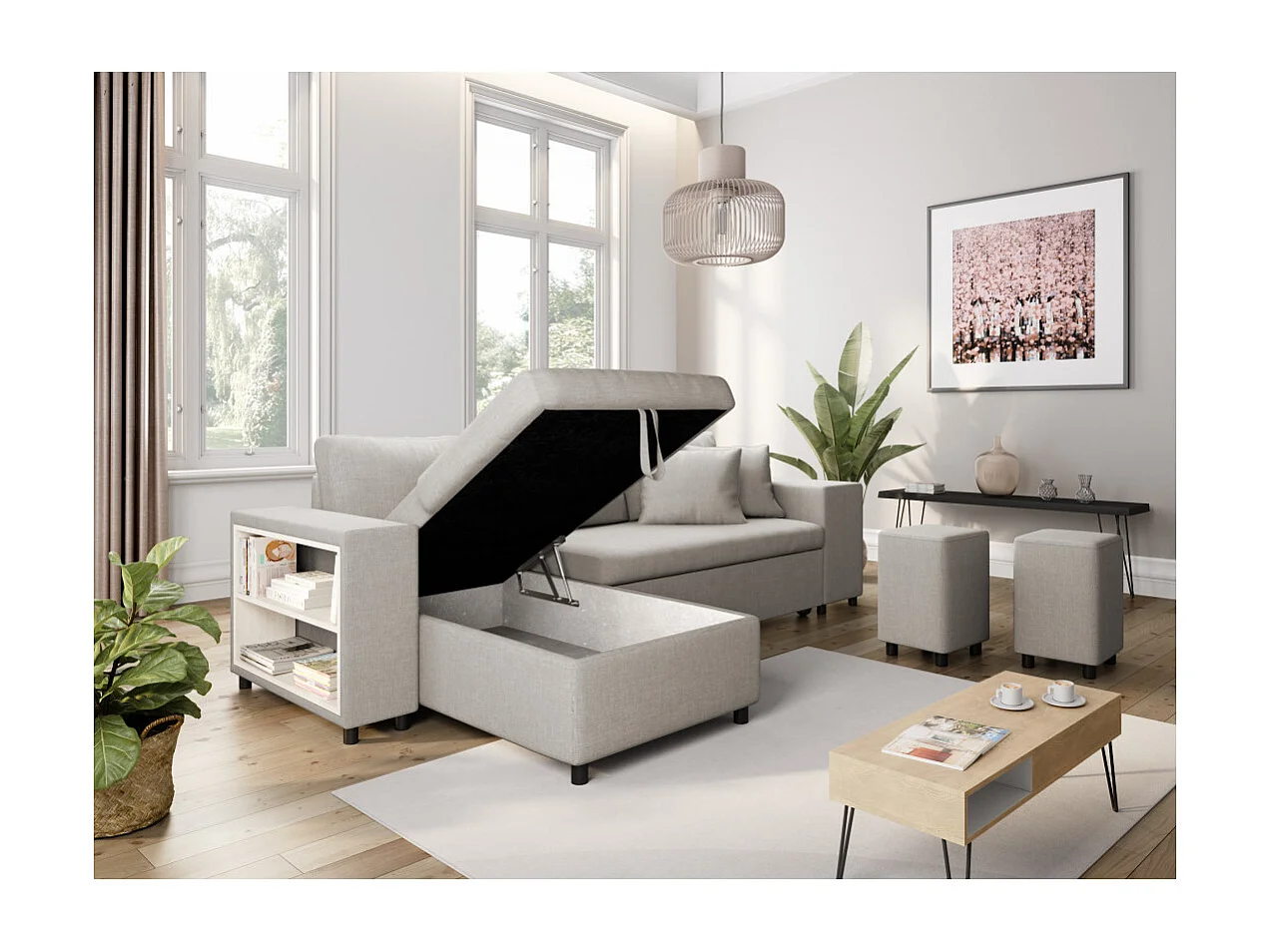 Canapé d'angle MADY convertible avec coffre, accoudoir étagère et poufs droit en tissu beige