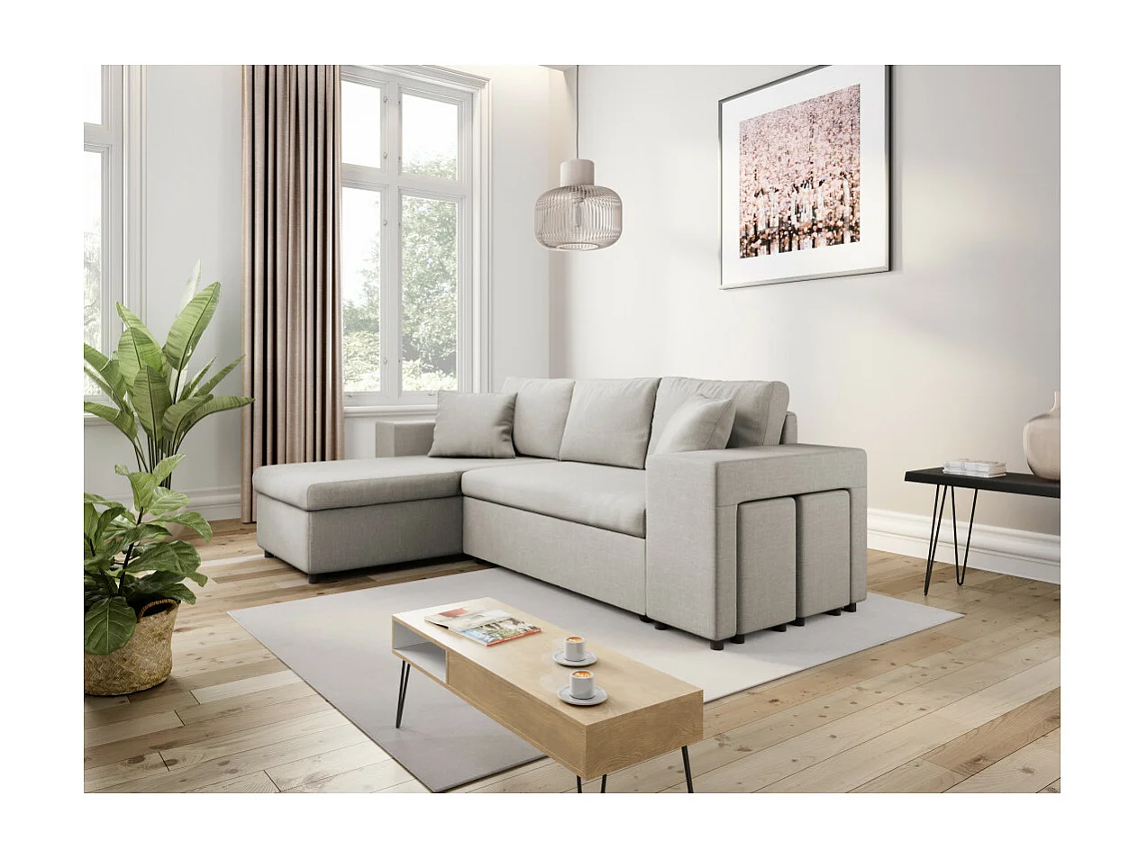 Canapé d'angle MADY convertible avec coffre, accoudoir étagère et poufs droit en tissu beige