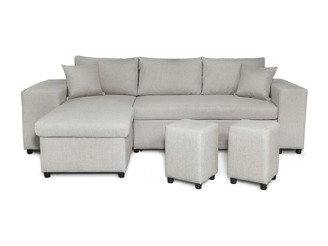 Canapé d'angle MADY convertible avec coffre, accoudoir étagère et poufs droit en tissu beige