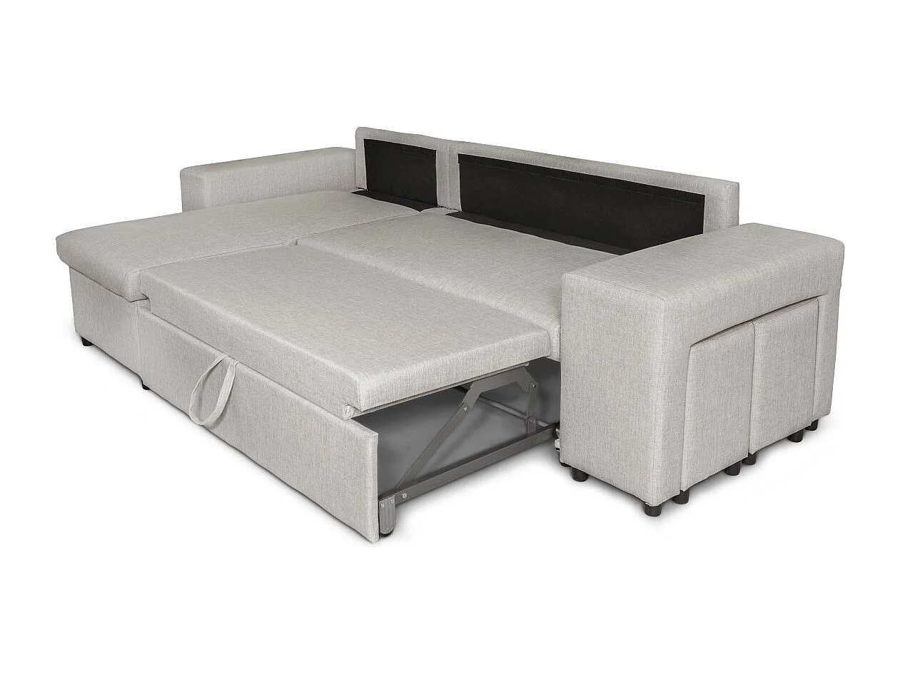 Canapé d'angle MADY convertible avec coffre, accoudoir étagère et poufs droit en tissu beige