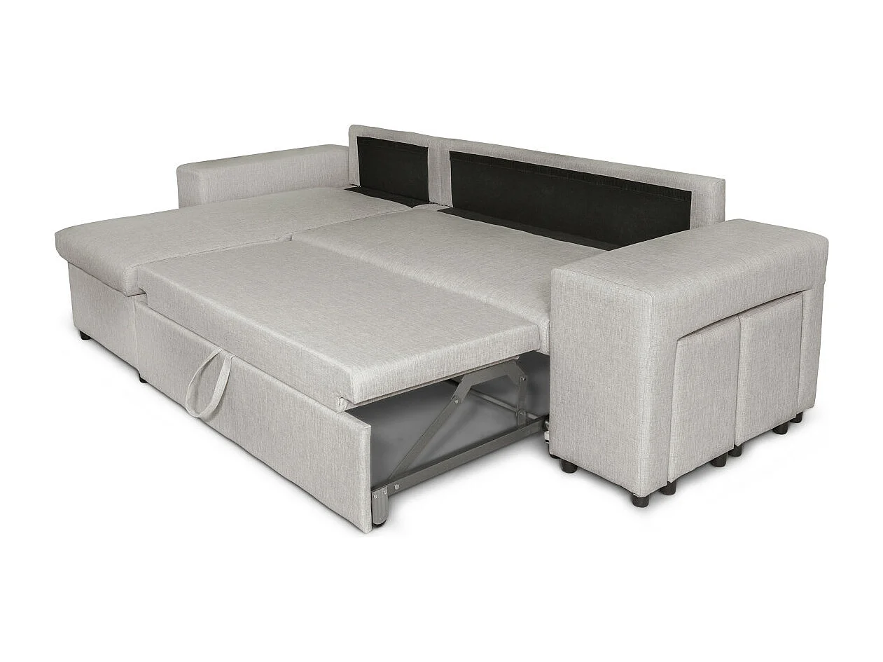 Canapé d'angle MADY convertible avec coffre, accoudoir étagère et poufs droit en tissu beige