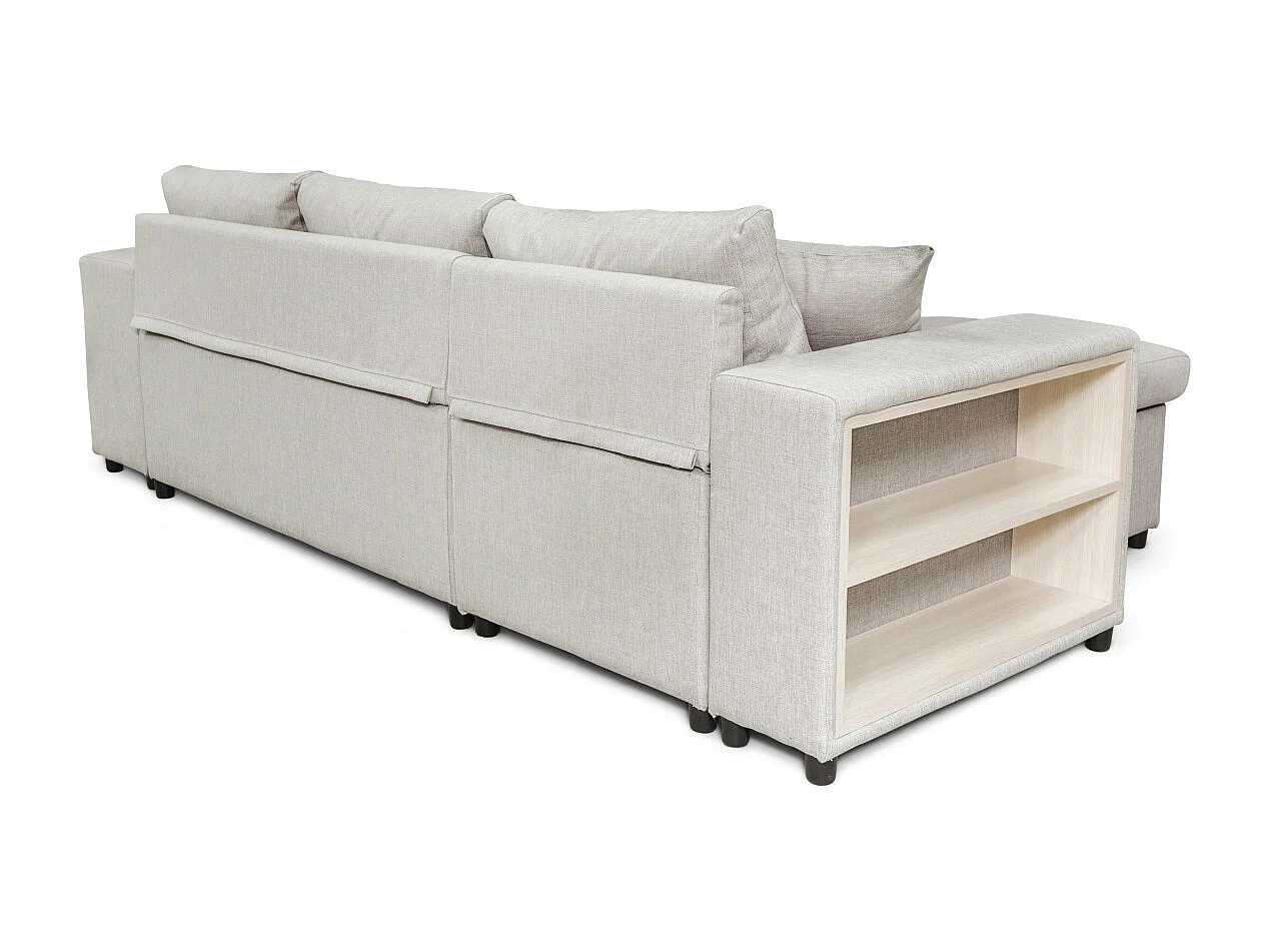 Canapé d'angle MADY convertible avec coffre, accoudoir étagère et poufs droit en tissu beige