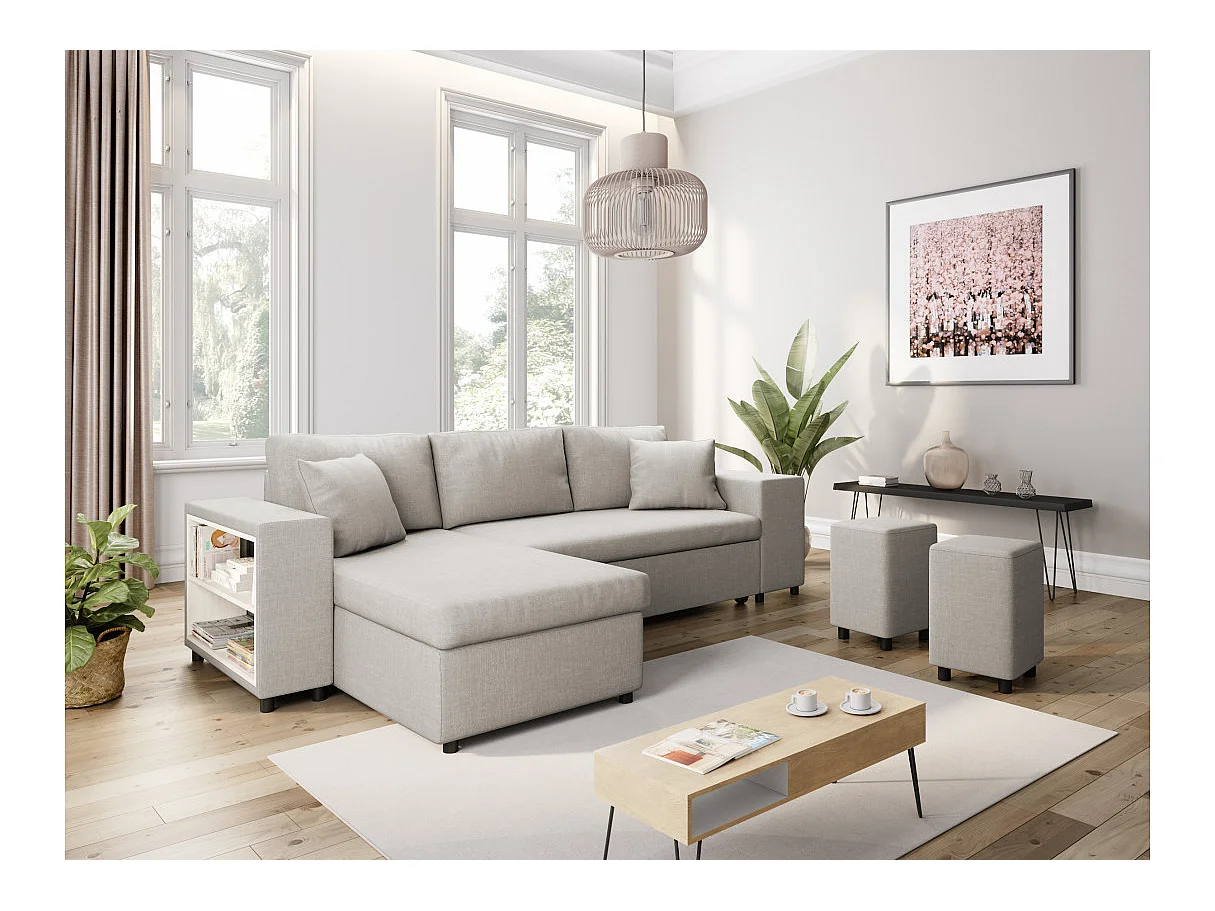Canapé d'angle MADY convertible avec coffre, accoudoir étagère et poufs droit en tissu beige