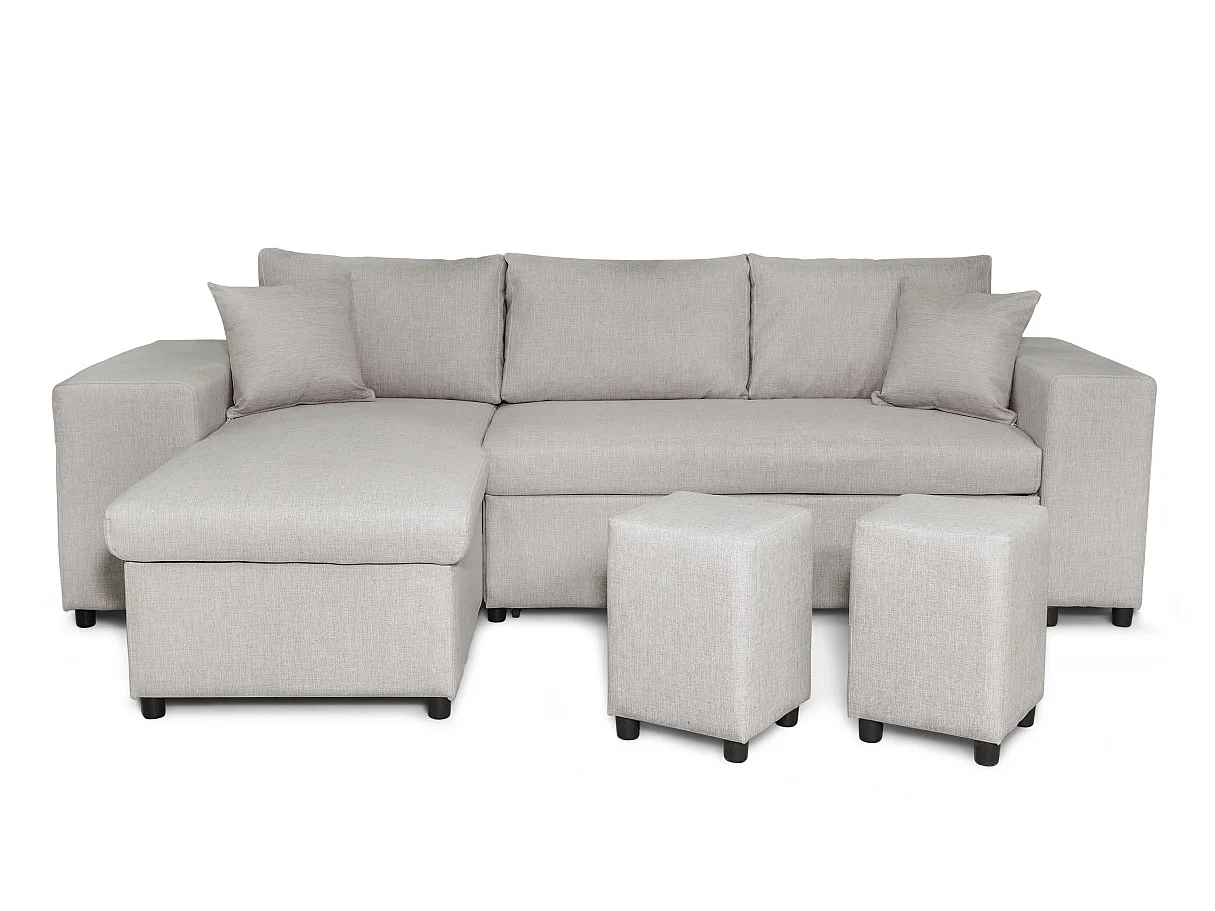 Canapé d'angle MADY convertible avec coffre, accoudoir étagère et poufs droit en tissu beige