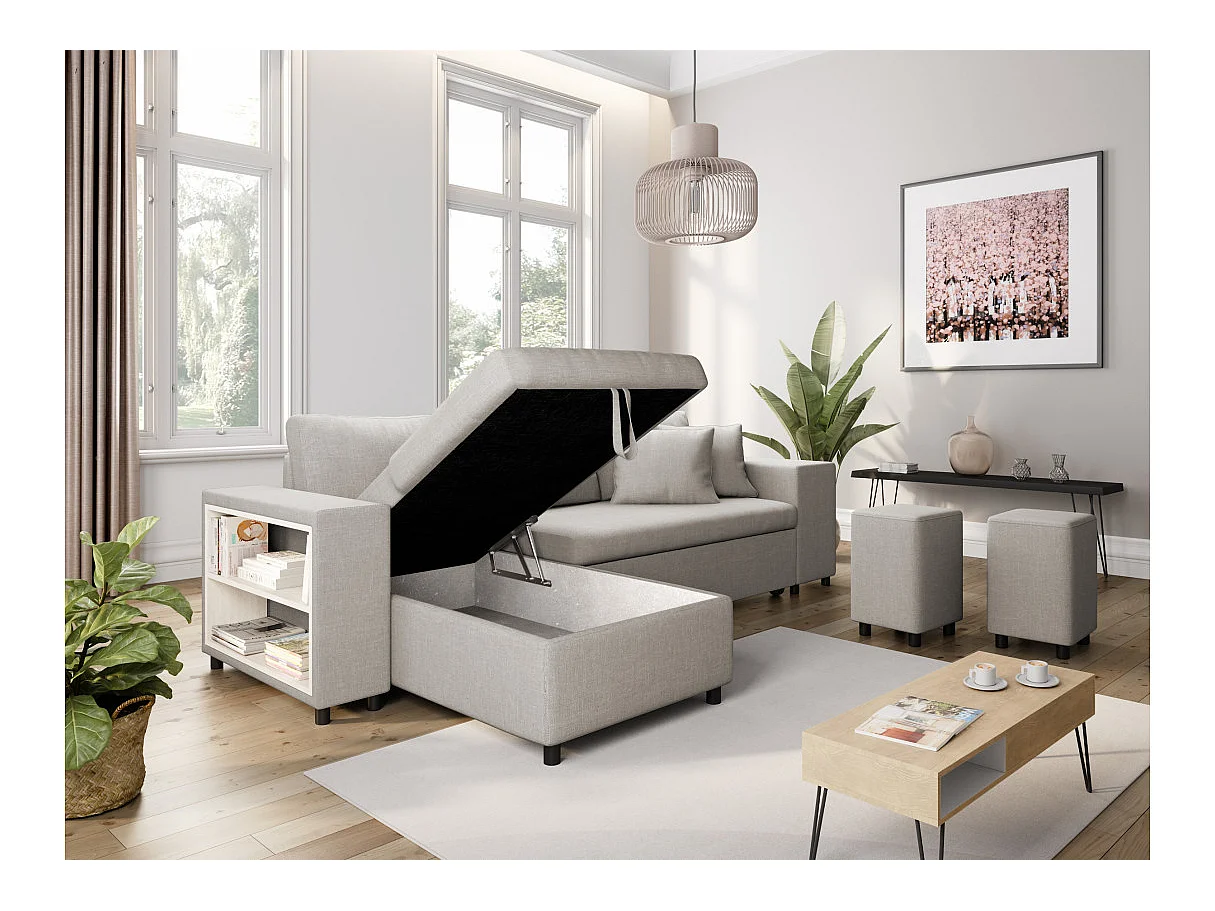 Canapé d'angle MADY convertible avec coffre, accoudoir étagère et poufs droit en tissu beige