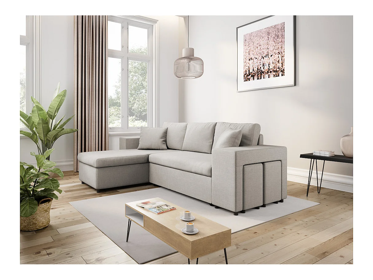 Canapé d'angle MADY convertible avec coffre, accoudoir étagère et poufs droit en tissu beige
