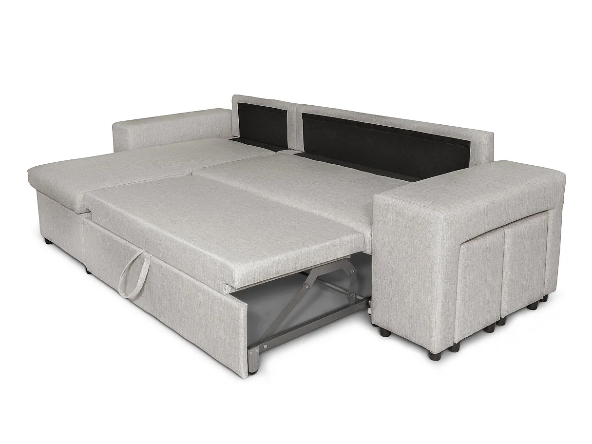 Canapé d'angle MADY convertible avec coffre, accoudoir étagère et poufs droit en tissu beige