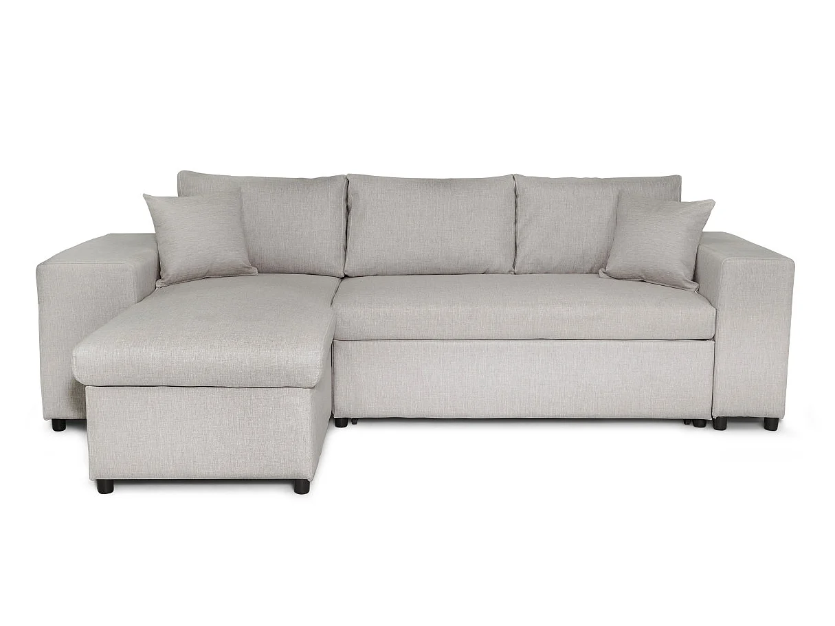Canapé d'angle MADY convertible avec coffre, accoudoir étagère et poufs droit en tissu beige