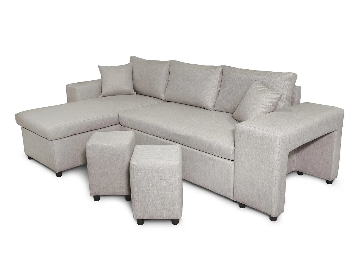 Canapé d'angle MADY convertible avec coffre, accoudoir étagère et poufs droit en tissu beige