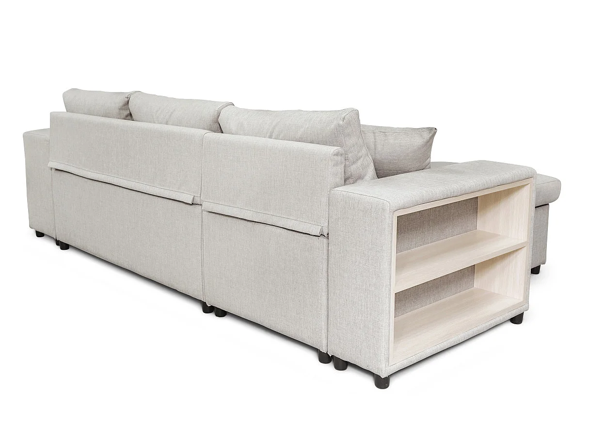 Canapé d'angle MADY convertible avec coffre, accoudoir étagère et poufs droit en tissu beige