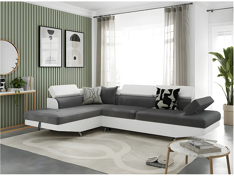 Canapé d'angle gauche 5 places Rio Convertible avec coffre en microfibre et simili - Blanc/Gris - L271 x P192 x H70cm - Loungitude