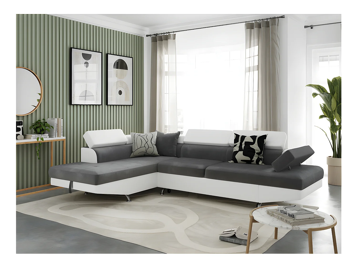 Canapé d'angle gauche 5 places Rio Convertible avec coffre en microfibre et simili - Blanc/Gris - L271 x P192 x H70cm - Loungitude