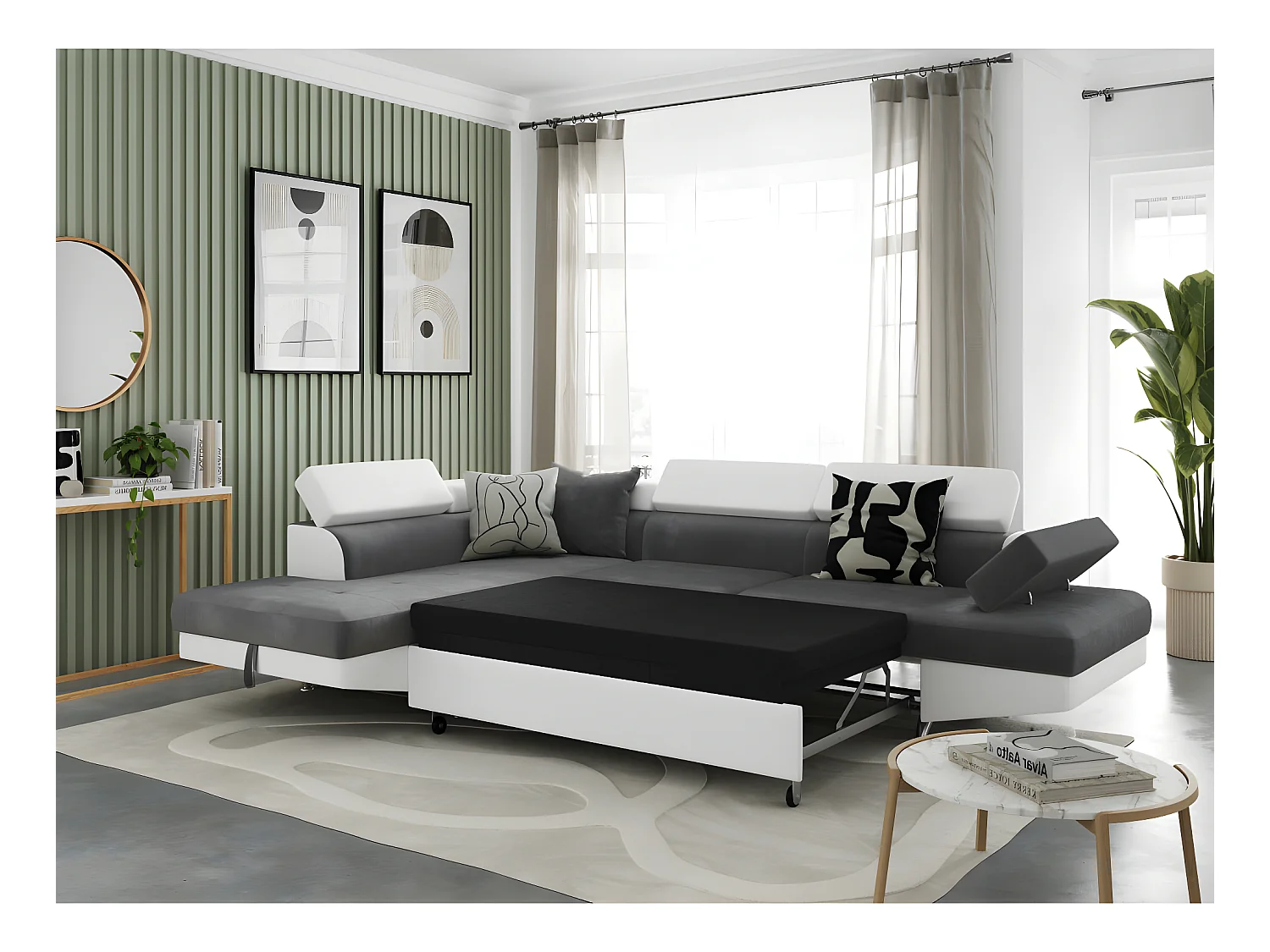 Canapé d'angle gauche 5 places Rio Convertible avec coffre en microfibre et simili - Blanc/Gris - L271 x P192 x H70cm - Loungitude