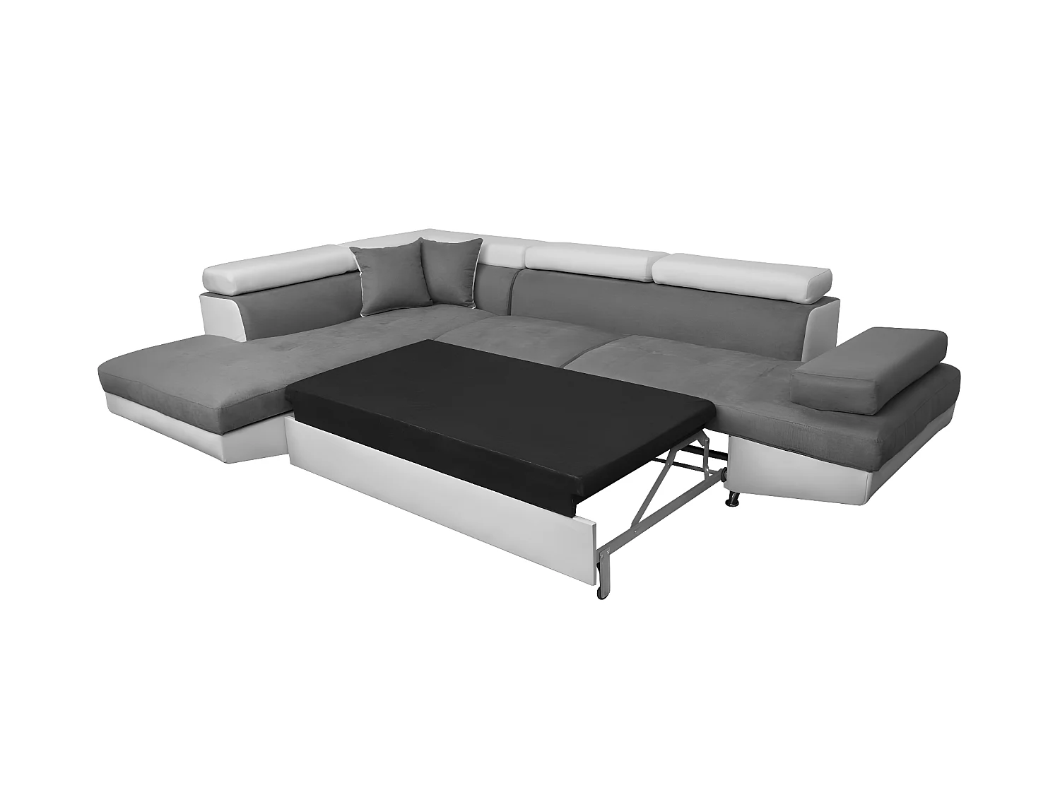 Canapé d'angle gauche 5 places Rio Convertible avec coffre en microfibre et simili - Blanc/Gris - L271 x P192 x H70cm - Loungitude