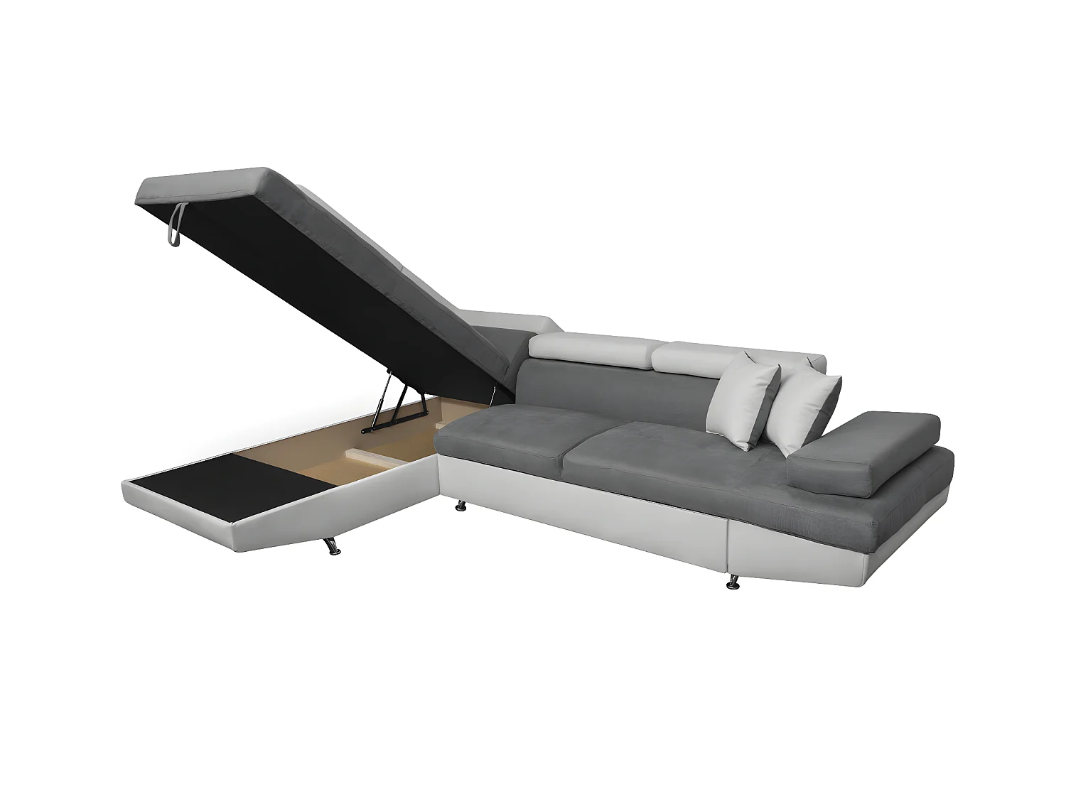 Canapé d'angle gauche 5 places Rio Convertible avec coffre en microfibre et simili - Blanc/Gris - L271 x P192 x H70cm - Loungitude