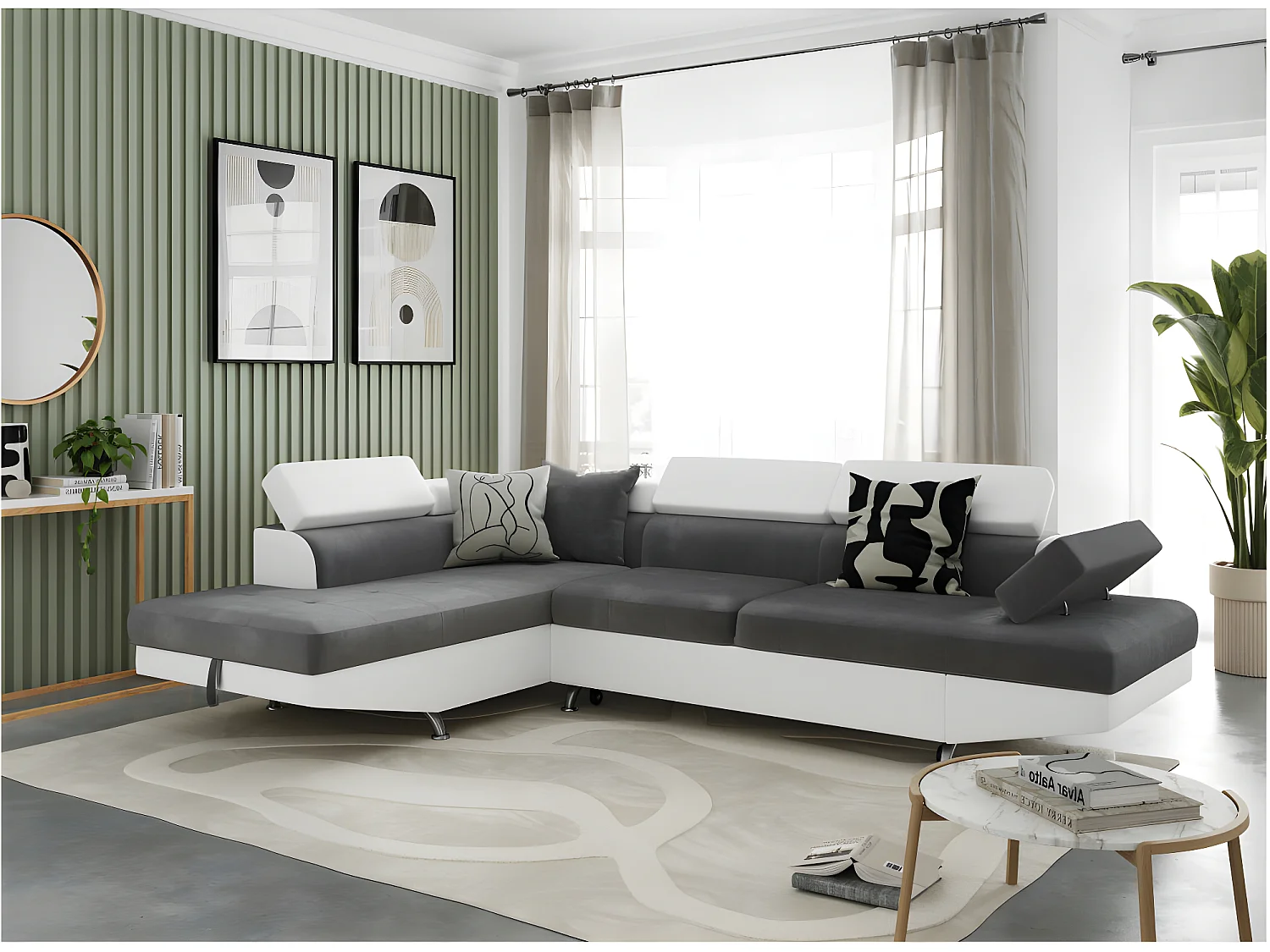 Canapé d'angle gauche 5 places Rio convertible avec coffre en microfibre et simili - Blanc/Gris - L271 x P192 x H70cm - Loungitude