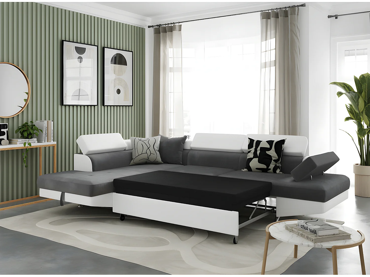 Canapé d'angle gauche 5 places Rio convertible avec coffre en microfibre et simili - Blanc/Gris - L271 x P192 x H70cm - Loungitude