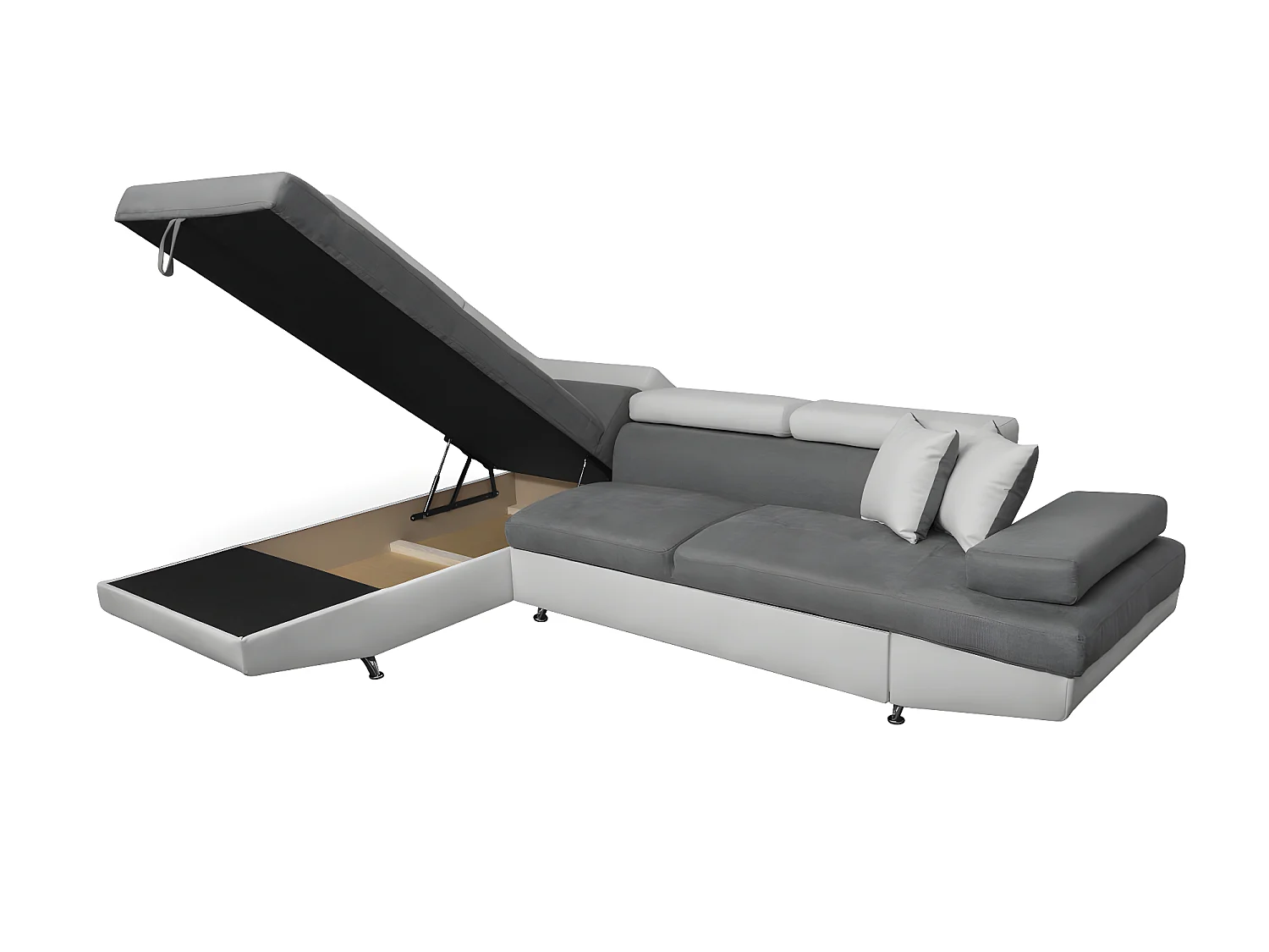Canapé d'angle gauche 5 places Rio convertible avec coffre en microfibre et simili - Blanc/Gris - L271 x P192 x H70cm - Loungitude