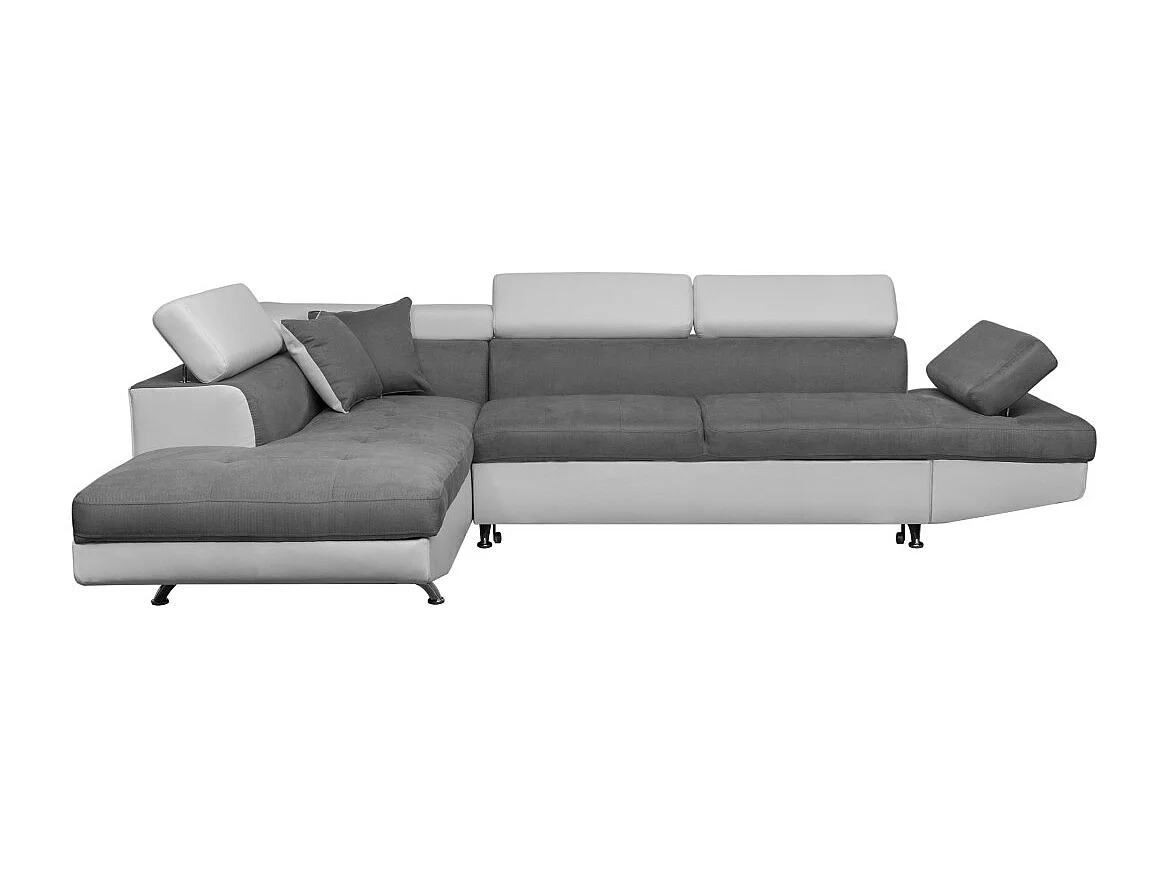 Canapé d'angle gauche 5 places Rio convertible avec coffre en microfibre et simili - Blanc/Gris - L271 x P192 x H70cm - Loungitude