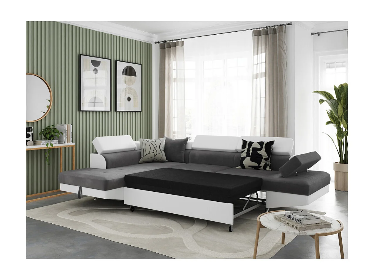 Canapé d'angle gauche 5 places Rio convertible avec coffre en microfibre et simili - Blanc/Gris - L271 x P192 x H70cm - Loungitude