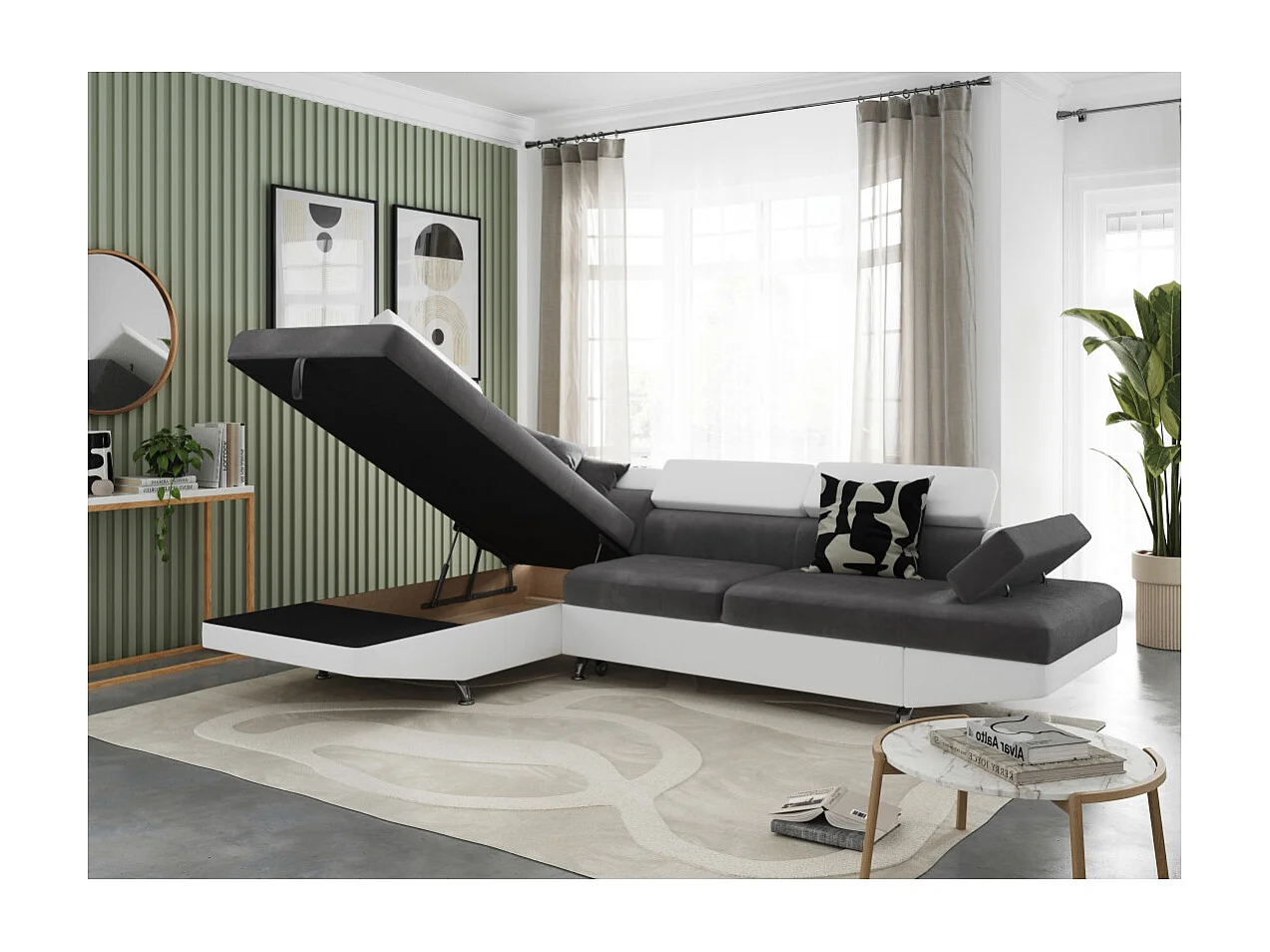Canapé d'angle gauche 5 places Rio convertible avec coffre en microfibre et simili - Blanc/Gris - L271 x P192 x H70cm - Loungitude