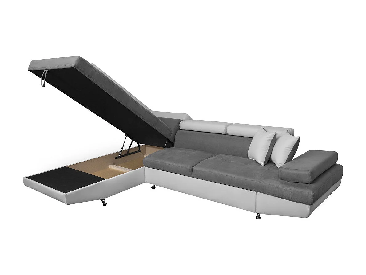 Canapé d'angle gauche 5 places Rio convertible avec coffre en microfibre et simili - Blanc/Gris - L271 x P192 x H70cm - Loungitude