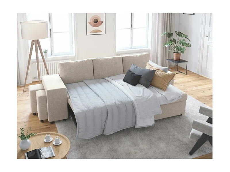 Canapé d'angle 3 places réversible Oslo avec coffre et poufs gauche en tissu - Beige - L241 x P146 x H81cm - Loungitude