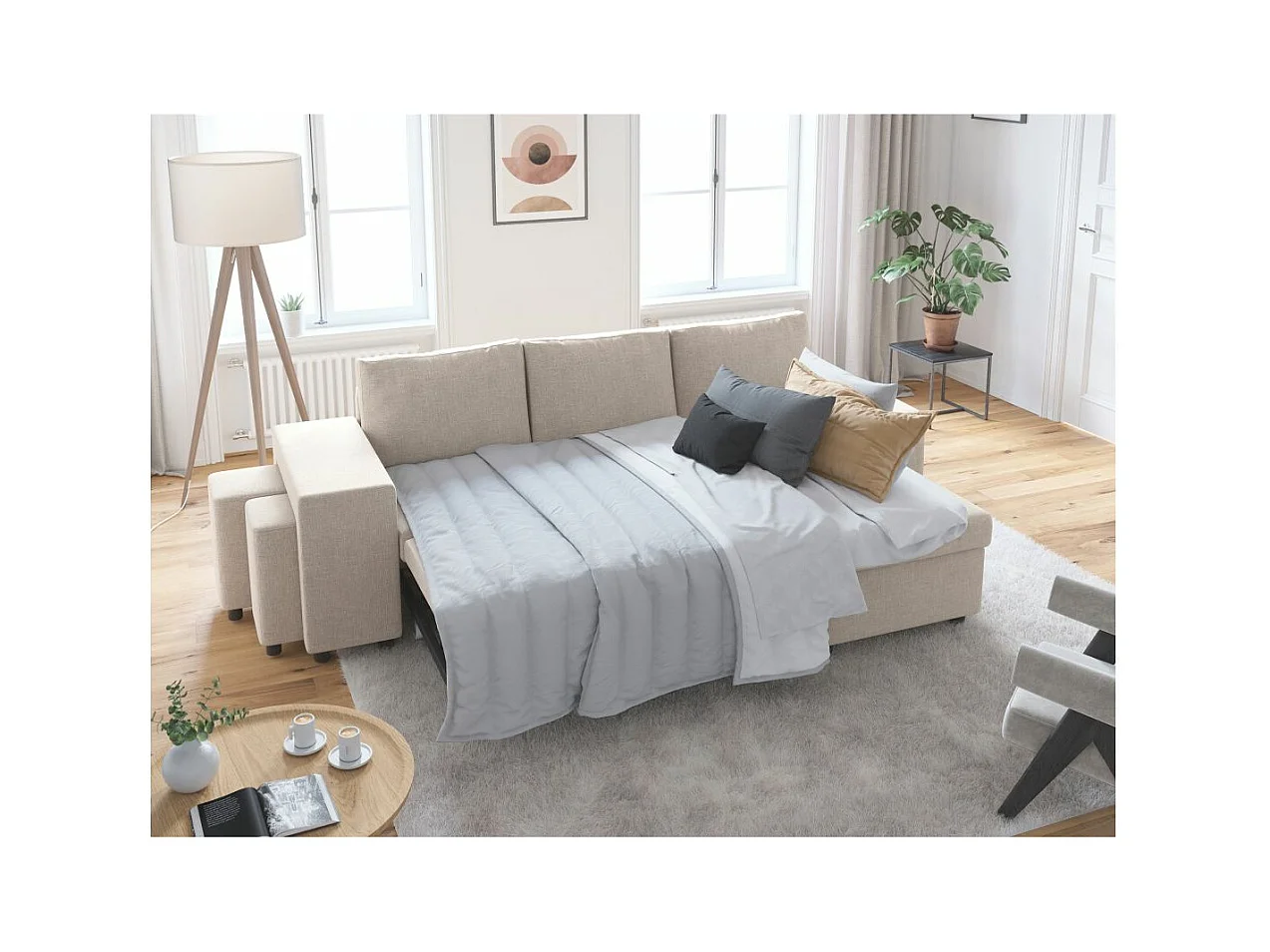 Canapé d'angle 3 places réversible Oslo avec coffre et poufs gauche en tissu - Beige - L241 x P146 x H81cm - Loungitude