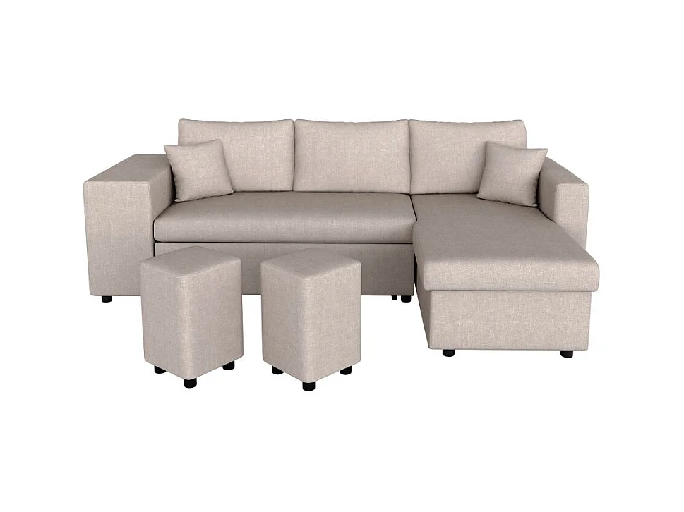 Canapé d'angle 3 places réversible Oslo avec coffre et poufs gauche en tissu - Beige - L241 x P146 x H81cm - Loungitude