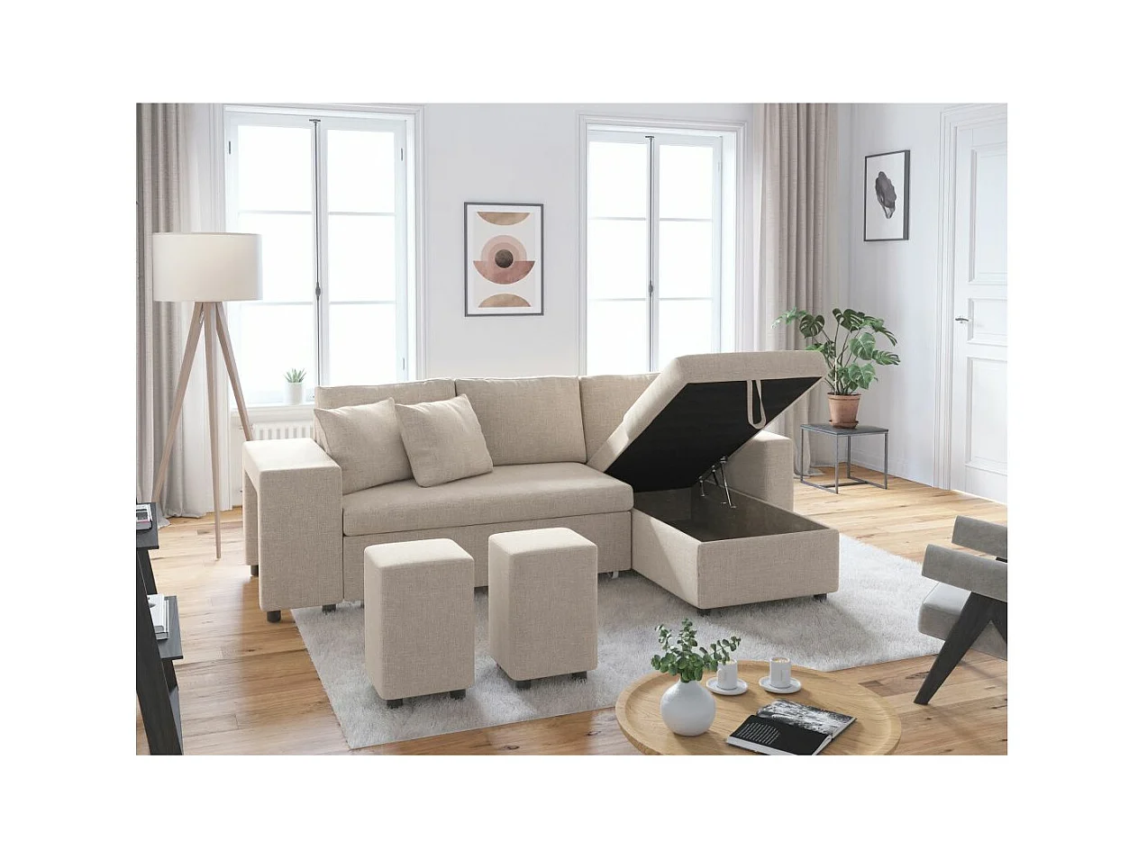 Canapé d'angle 3 places réversible Oslo avec coffre et poufs gauche en tissu - Beige - L241 x P146 x H81cm - Loungitude