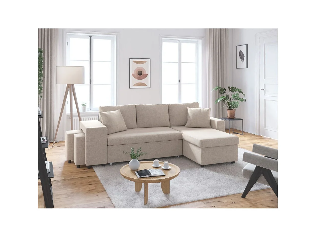 Canapé d'angle 3 places réversible Oslo avec coffre et poufs gauche en tissu - Beige - L241 x P146 x H81cm - Loungitude