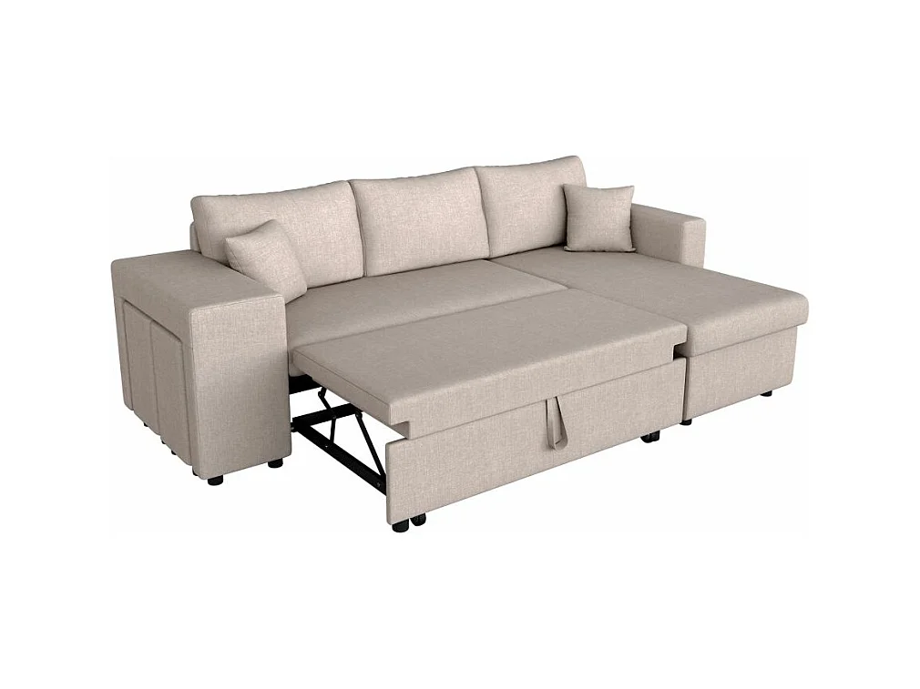 Canapé d'angle 3 places réversible Oslo avec coffre et poufs gauche en tissu - Beige - L241 x P146 x H81cm - Loungitude