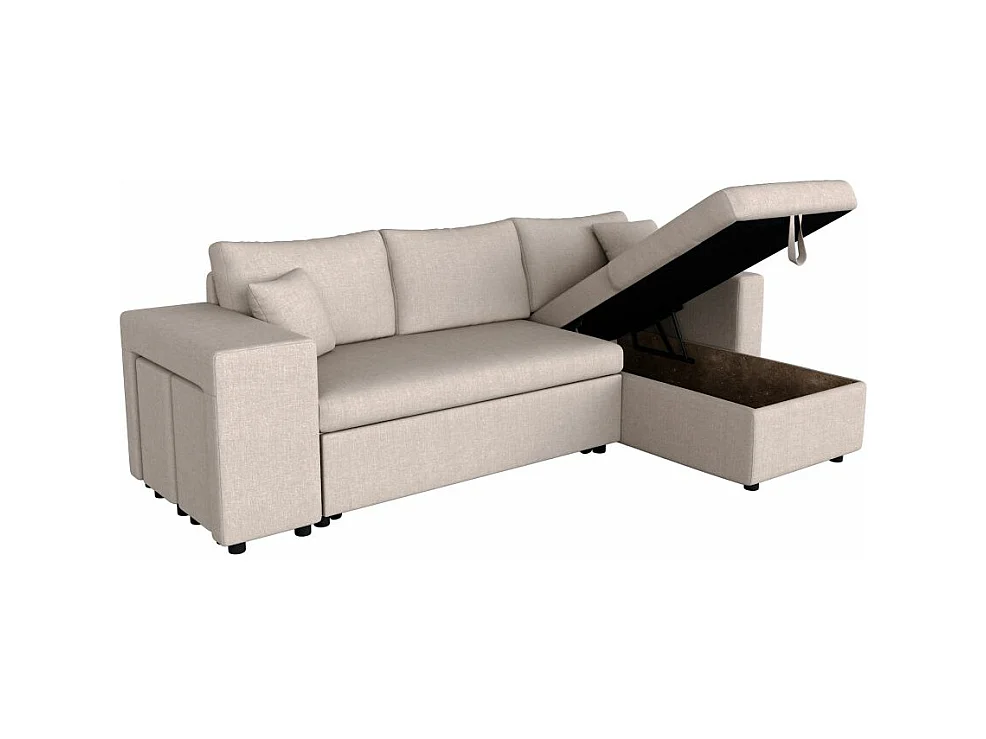 Canapé d'angle 3 places réversible Oslo avec coffre et poufs gauche en tissu - Beige - L241 x P146 x H81cm - Loungitude