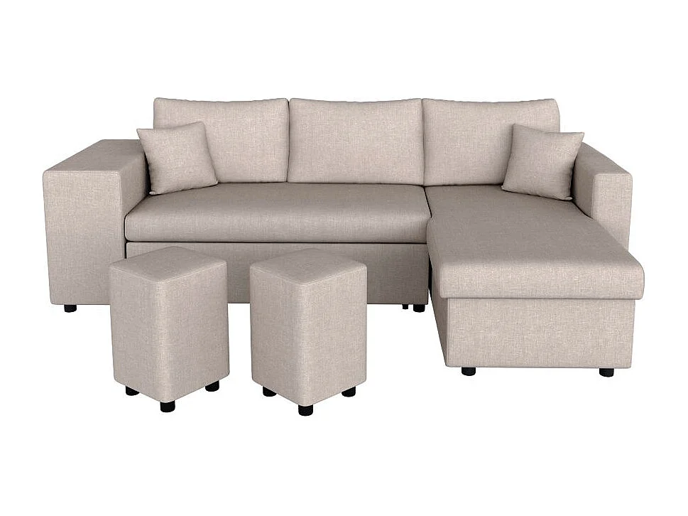 Canapé d'angle 3 places réversible Oslo avec coffre et poufs gauche en tissu - Beige - L241 x P146 x H81cm - Loungitude