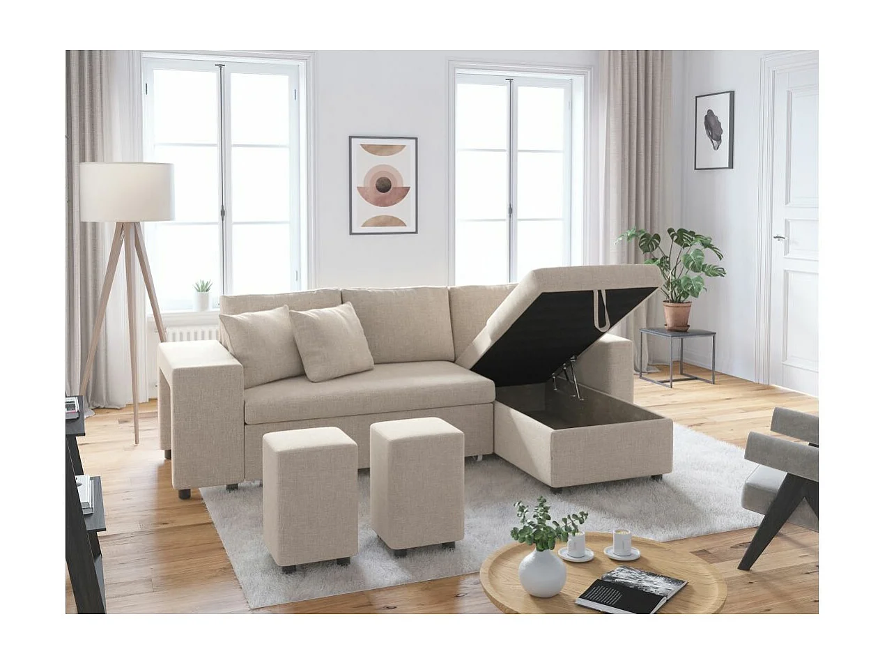 Canapé d'angle 3 places réversible Oslo avec coffre et poufs gauche en tissu - Beige - L241 x P146 x H81cm - Loungitude
