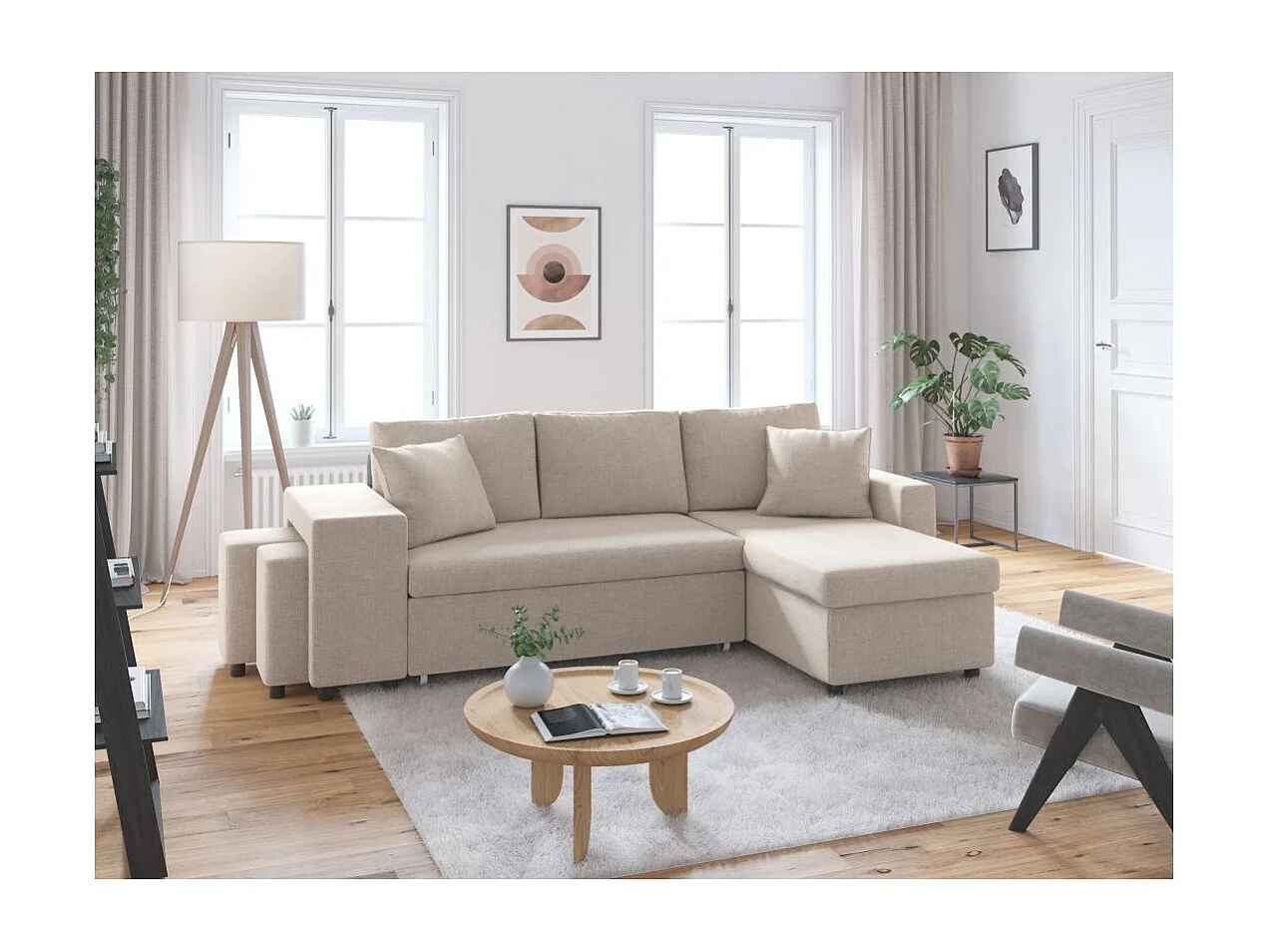 Canapé d'angle 3 places réversible Oslo avec coffre et poufs gauche en tissu - Beige - L241 x P146 x H81cm - Loungitude