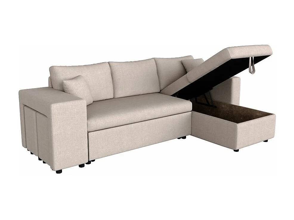 Canapé d'angle 3 places réversible Oslo avec coffre et poufs gauche en tissu - Beige - L241 x P146 x H81cm - Loungitude