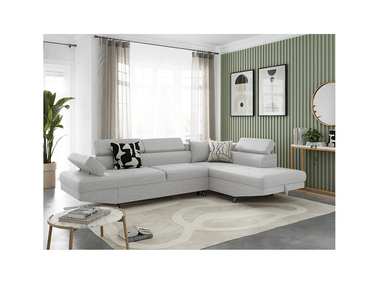 Canapé d'angle droit 5 places Rio Convertible avec coffre en tissu - Gris perle - L271 x P192 x H70cm - Loungitude